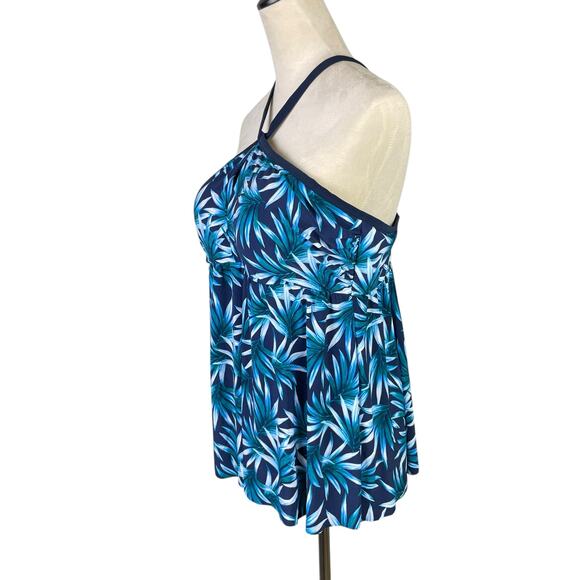 Coastal Blue Plus Tropical Botanical Print Open Back Tankini Swimsuit Top - Picture 2 of 8